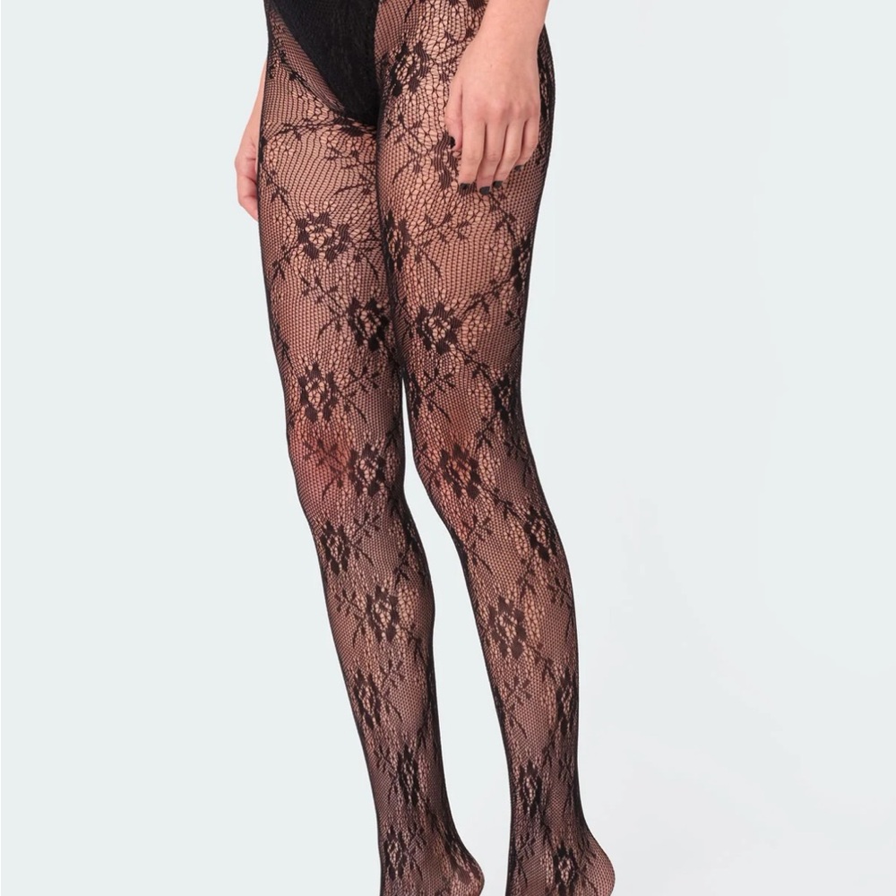 Edikted Black Floral Lace Tights - Picture 2 of 5